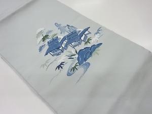 塩瀬手描き友禅古民家に松笹・流水模様名古屋帯